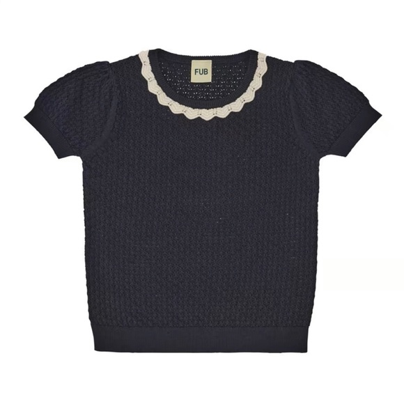 FUB Pointelle Organic Cotton T-Shirt Dark Navy 8Y - Picture 1 of 8